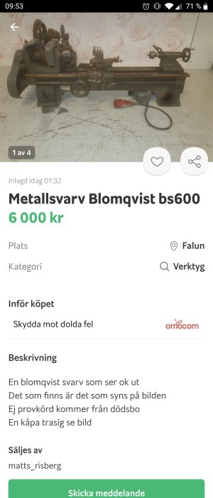 Metallsvärv av märket Blomqvist bs600 på ett arbetsbänksbakgrund med verktyg.