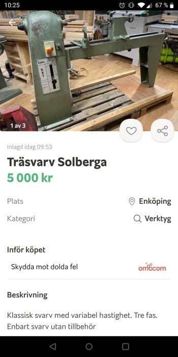 Klassisk träsvärv Solberga i verkstadsmiljö, använd för hantverksprojekt, inga tillbehör ingår.