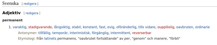Skärmdump av ordboksdefinition för "permanent", med synonymer och etymologi.