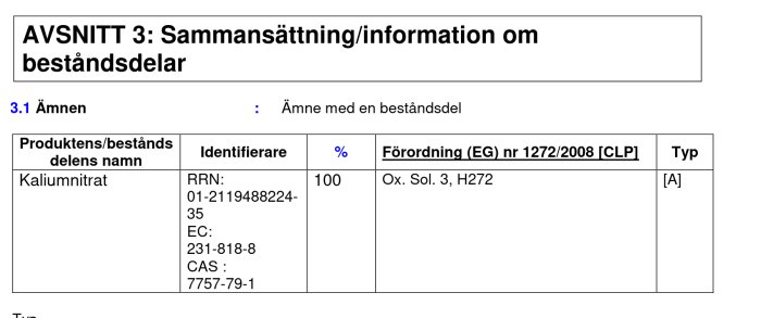 Dokumentutdrag som visar kaliumnitrat med kemiska identifierare och säkerhetsklassificering.