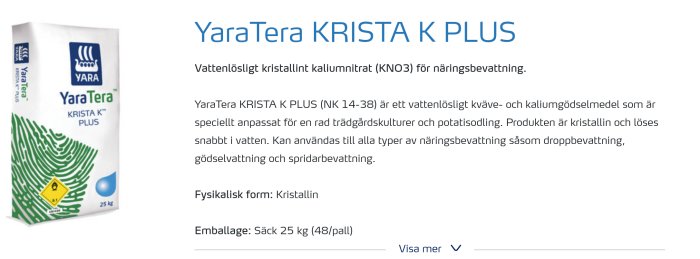 25 kg säck av YaraTera KRISTA K PLUS kaliumnitrat gödselmedel, vattenlösligt för trädgård.