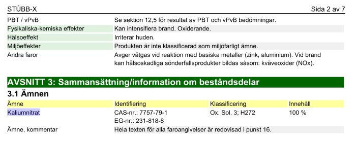 Säkerhetsdatablad för Kaliumnitrat med information om egenskaper och klassificering.