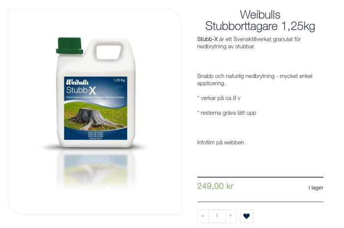 Flaska med Weibulls Stub-X stumpborttagare på 1,25 kg för naturlig nedbrytning av stubbar.