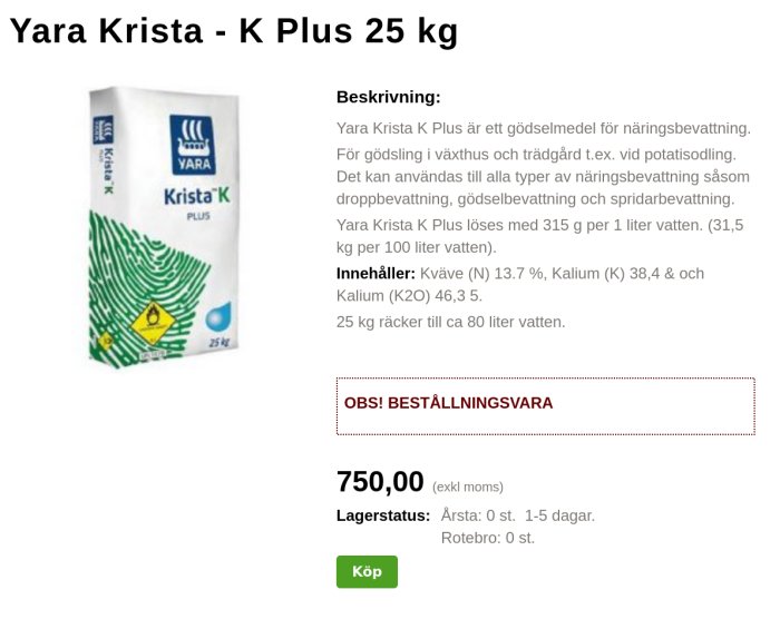 25 kg säck av YaraTera Krista K Plus gödslingsmedel med beskrivning och pris.