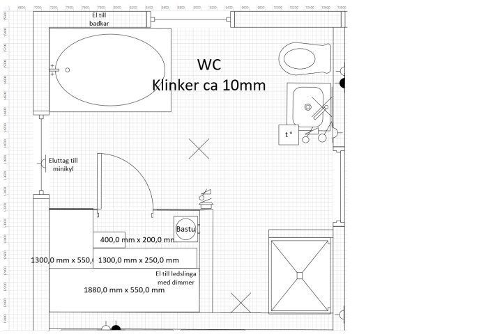 Planlösning av badrum med markerade mått, inklusive bastu, badkar, och toalett, samt anteckningar om el och ventilation.