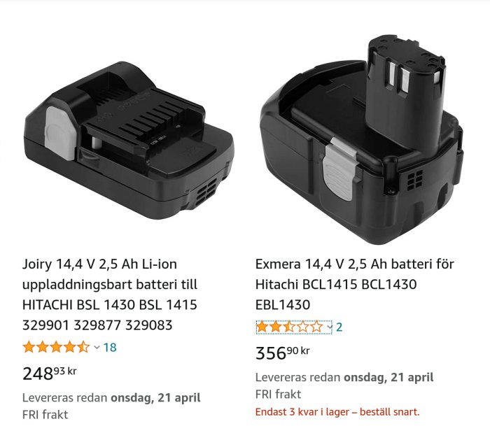 Två kompatibla ersättningsbatterier på 14,4 V för HITACHI elverktyg.