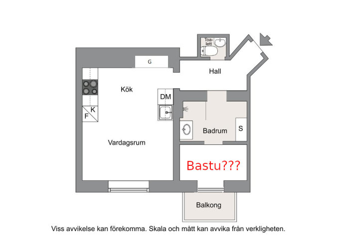 Ritning av en lägenhet med markerad plats för en frågetecknad bastu nära badrummet.