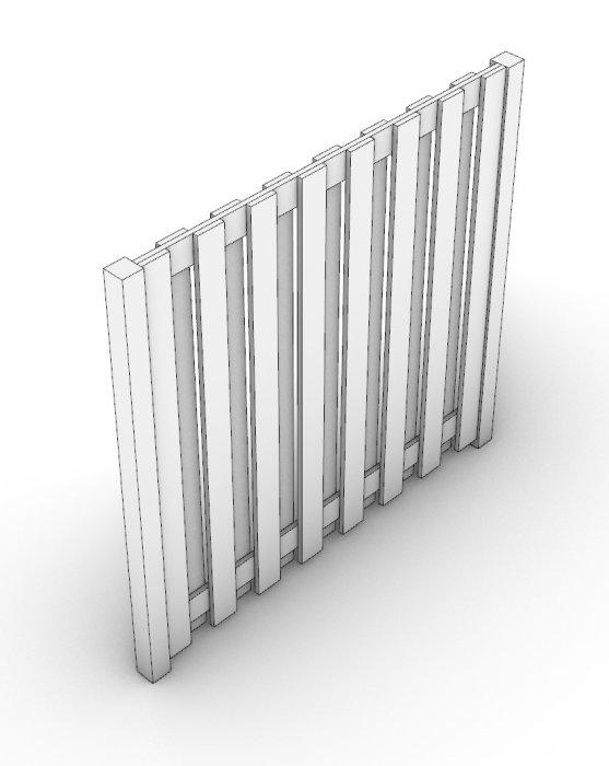 Puinen aita, jossa pystysuorat laudat ovat osittain päällekkäin, estää suoran näkyvyyden. Denne malli kuvaa 50 %:n genomsikt-läpinäkyvyyttä.