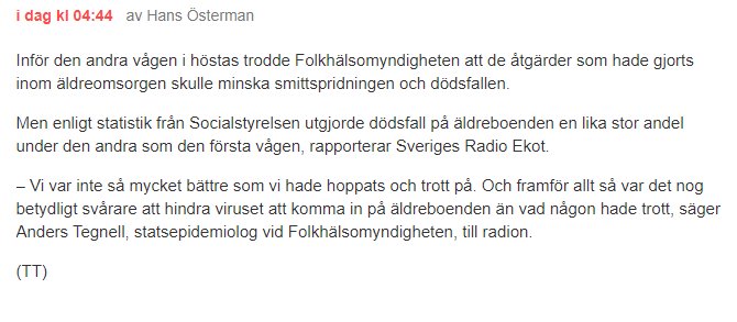 Skärmdump av en nyhetsartikel som kritiserar Folkhälsomyndighetens agerande under pandemin.