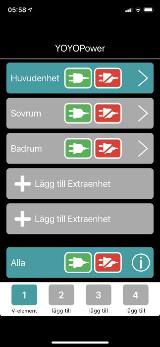 Skärmdump av YOYOPower-appen för fjärrstyrning av hushållselement, med enheter för sovrum och badrum.