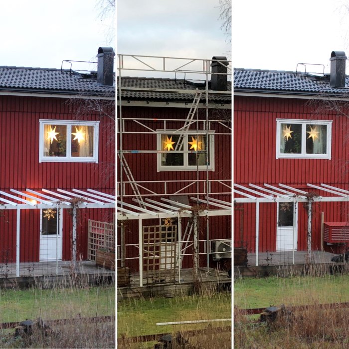 Tre steg i installation av solpaneler på ett rött hus med svarta takpannor: före, under och efter monteringen.