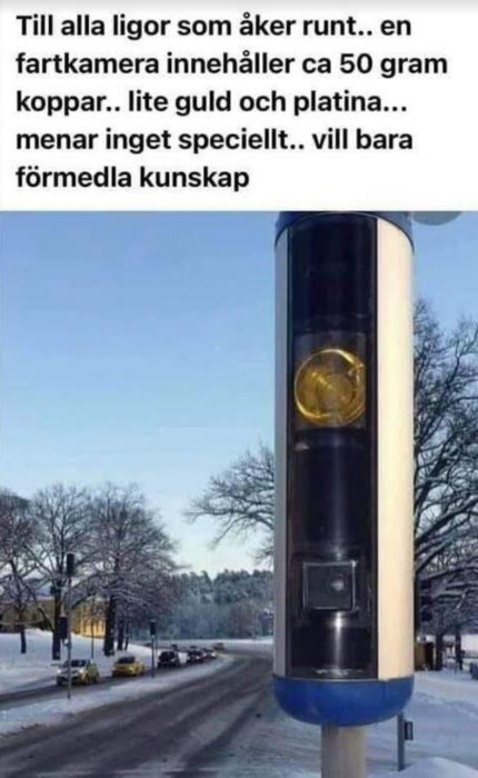 Fartkamera vid vägkant i vinterlandskap med text som nämner metaller.