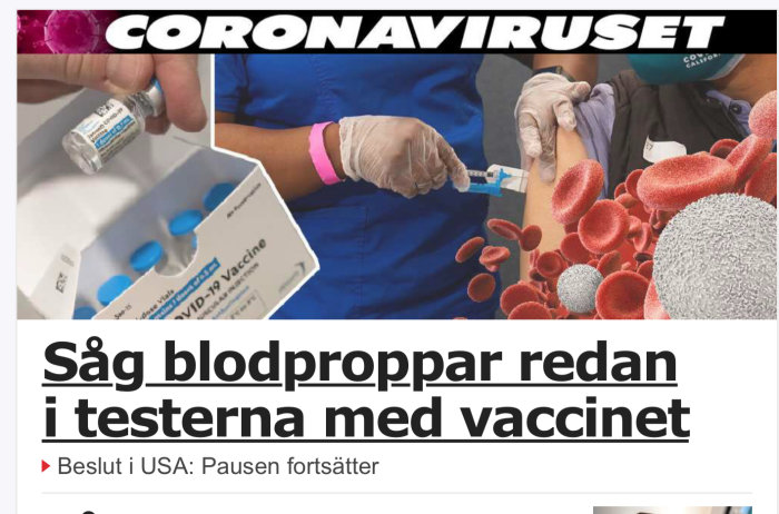 Person som får COVID-19-vaccin med blodproppar illustrerade i bakgrunden.