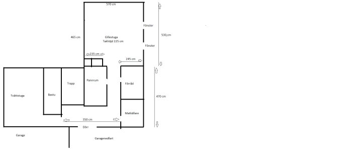 Ritad planlösning av ett hus med angivna mått för gillestuga, pannrum, förråd, matkällare, bastu, tvättstuga och garage.