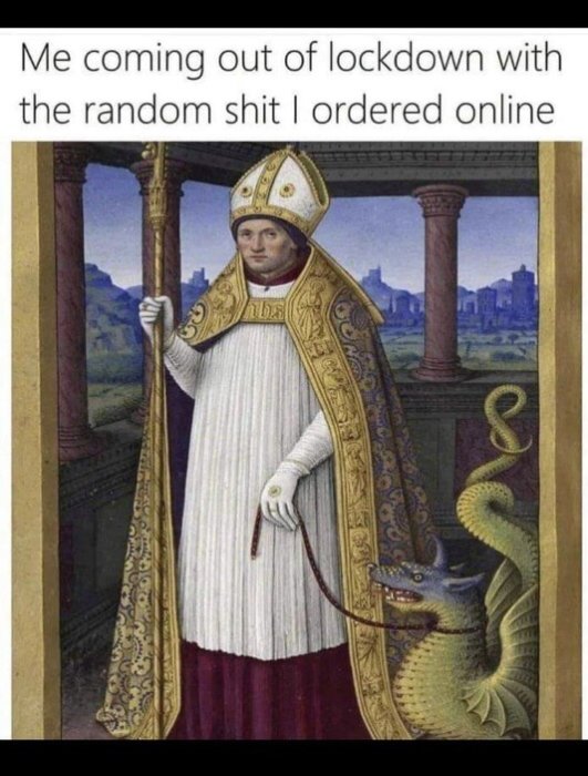 Medeltidsinspirerad illustration av person i biskopkläder med drake på koppel, humoristisk text.