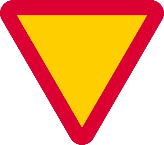 Svenskt vägmärke för väjningsplikt med röd kant och gul mitt, likt de i Holland och Danmark.