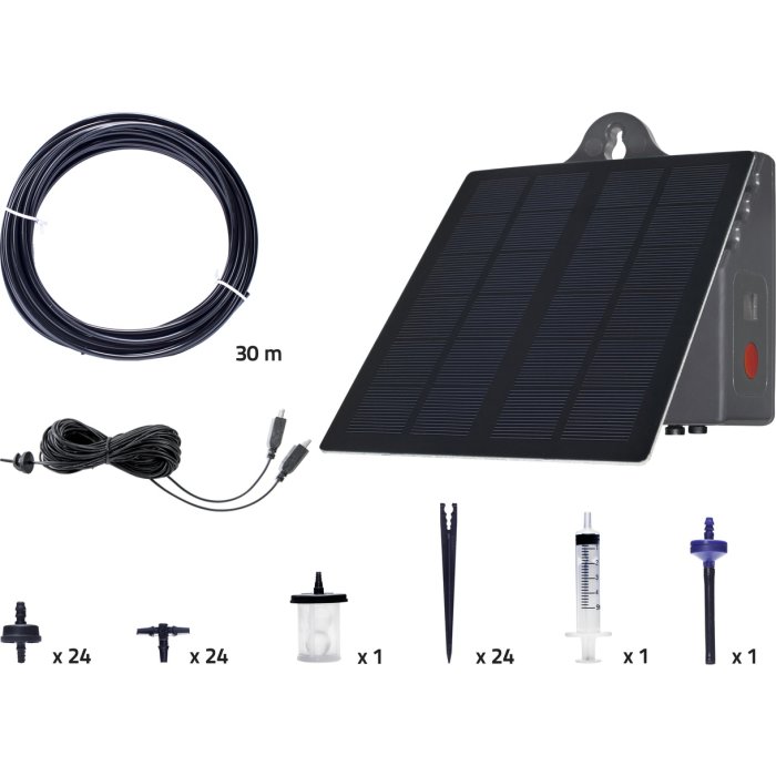 Bevattningssystem med solpanel, 30 meter slang, droppmunstycken och monteringstillbehör.