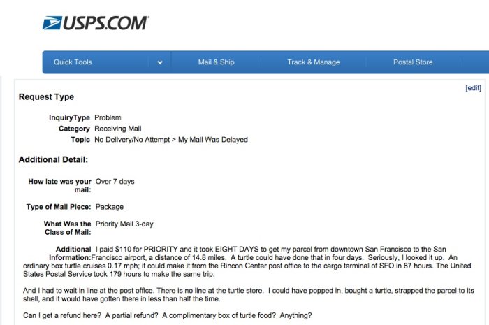 Skärmdump av USPS kundserviceformulär angående försenad post med klagomål och jämförelse med en sköldpadds hastighet.