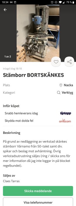 Stående äldre modell av stämborr Värnamo i verkstadsomgivning med tillbehör.