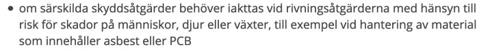 Textdokument om skyddsåtgärder vid rivning med material innehållande asbest eller PCB.