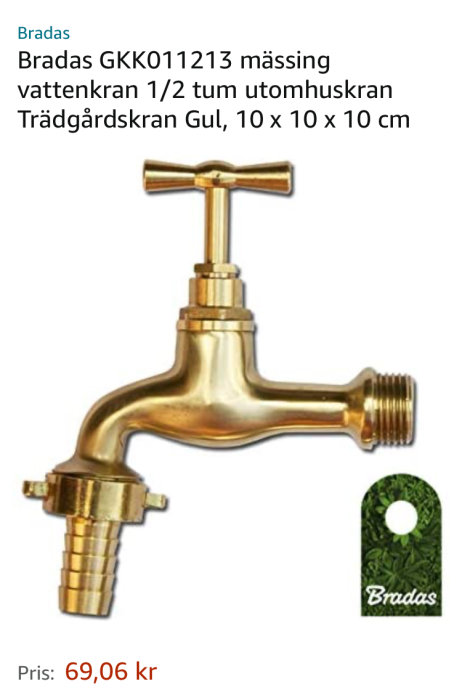 Mässing utomhus vattenkran från Bradas med grönt märke.