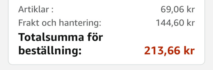 Skärmdump som visar en kostnadsspecifikation med högre fraktkostnad än produktens pris.
