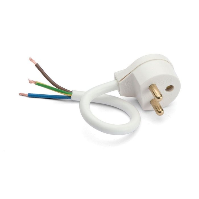 Jordad lampstickpropp i vitt med anslutna kablar visande brun, blå, och grön/gul ledning.