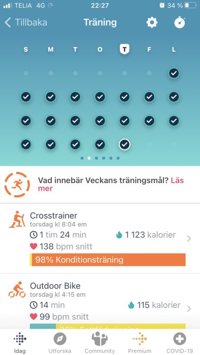 Skärmdump av träningsapp visar genomförd träning över en vecka med kryss för varje dag och träningstyper som Crosstrainer och Outdoor Bike.