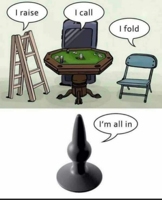 Illustration av objekt som representerar pokertermer: stege ('I raise'), kavaj ('I call'), ihopfälld stol ('I fold'), spelpjäs ('I'm all in').