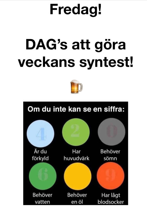 Humoristisk syntest med olika färger och siffror som skämtsamt diagnostiserar hälsotillstånd baserat på synbarhet.