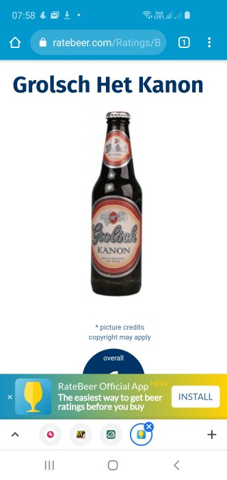 Flaska av Grolsch Het Kanon öl mot en vit bakgrund, synlig etikett och kapsyl.