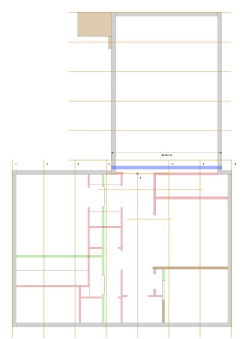 Ritning över en enplans husplan med en ny balk markerad i blått, befintliga och planerade väggar i rött och grönt.