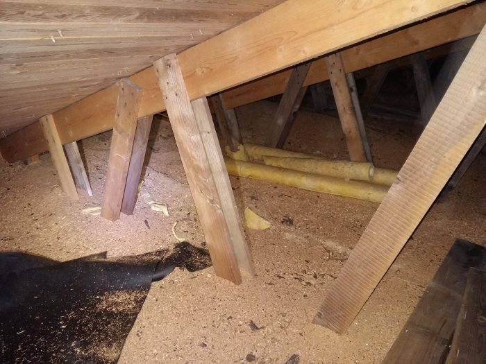 Vy av vinden med träkonstruktioner och takstolar, eventuell balkplacering för husrenovering diskuteras.