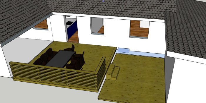 3D-rendering av ett terrassbygge med trägolv, räcke och möbler utanför ett hus.