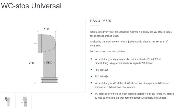 Teknisk ritning av en excentrisk WC-stos Universal med måttangivelser och produktinformation.