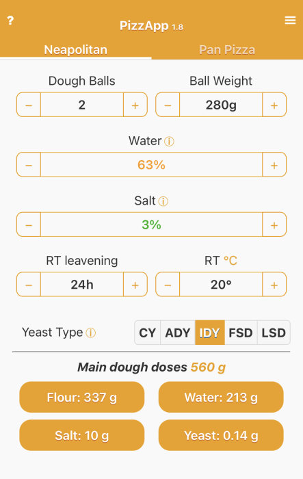 Skärmbild av PizzApp med ingredienser och proportioner för att baka neapolitansk pizzadeg.