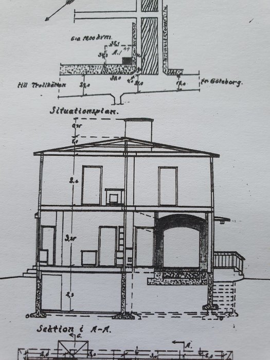 Gamla tekniska ritningar av ett hus med fasadvy och sektionsskiss, tidigare bageri från 1943.