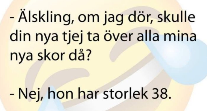 Textdialog mellan två personer om skostorlekar på en bakgrund som efterliknar en pratbubbla.