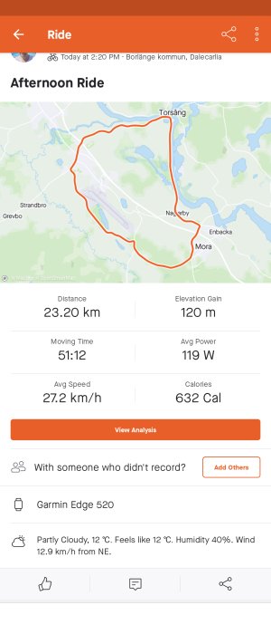 Skärmdump av cykelaktivitet på tracking-app med karta, distans 23,20 km, höjdvinst 120 m, medelhastighet 27,2 km/h.