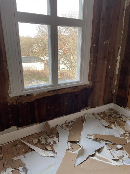 Renoveringsarbete i äldre hus med synliga stående träplank och bortriven tapet på golvet.