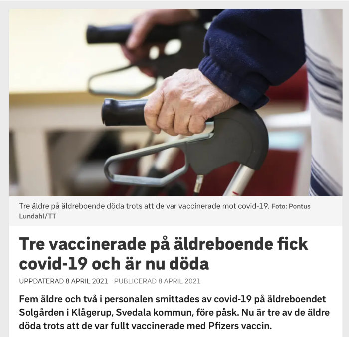 Äldre persons hand på rollators handtag, i kontext av rapport om COVID-19 på äldreboende.
