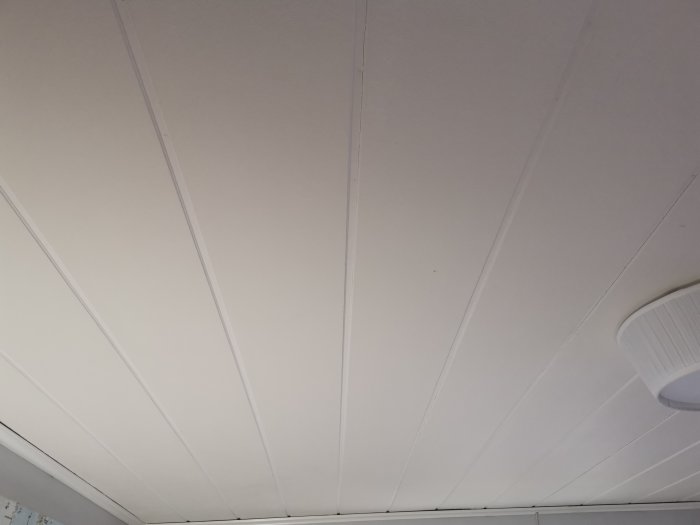 Vitmålat tak med långa brädor utan synliga skarvar och breda mellanrum i ett rum för renovering.