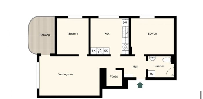 Planritning av en 3-rumslägenhet med vardagsrum, två sovrum, kök, badrum, hall och balkong.