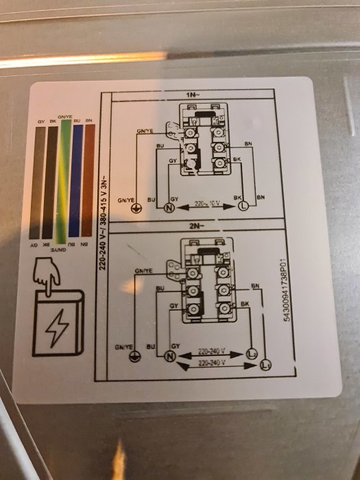 Bild på en installationsanvisning för elektrisk utrustning med tydliga färgkoder och kopplingsscheman.