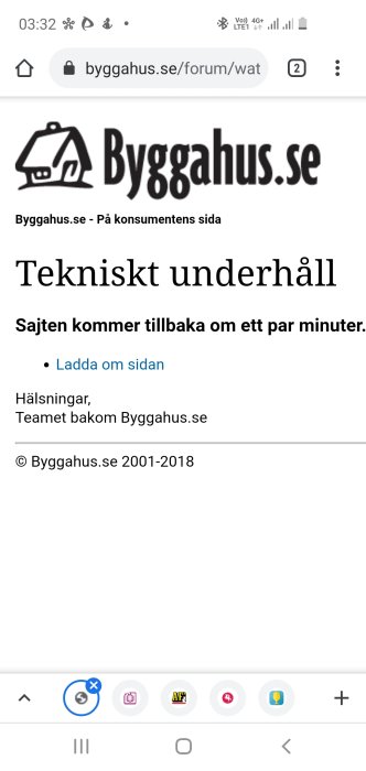 Underhållssida för bygghus.se med text som meddelar tekniskt underhåll och återkomst om några minuter.