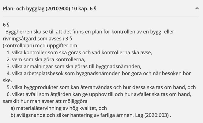Skärmbild av Plan- och bygglagen med text om kontrollplan och hantering av rivningsavfall.