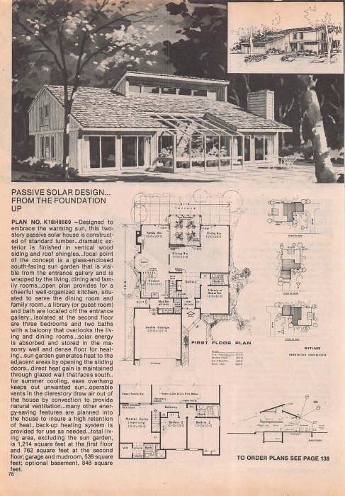 Ritning och illustration av ett tvåvånings hus med solceller, inkluderar första våningens planlösning och sektionsskiss.