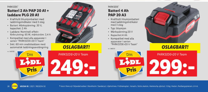 Reklambild för två olika PARKSIDE-batterier, 2Ah och 4Ah, med priser och LIDL-prismärkning.