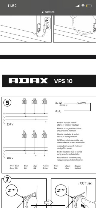 Elektriskt kopplingsschema för Adax element för både 230 och 400 volt, från Adax monteringsanvisning.