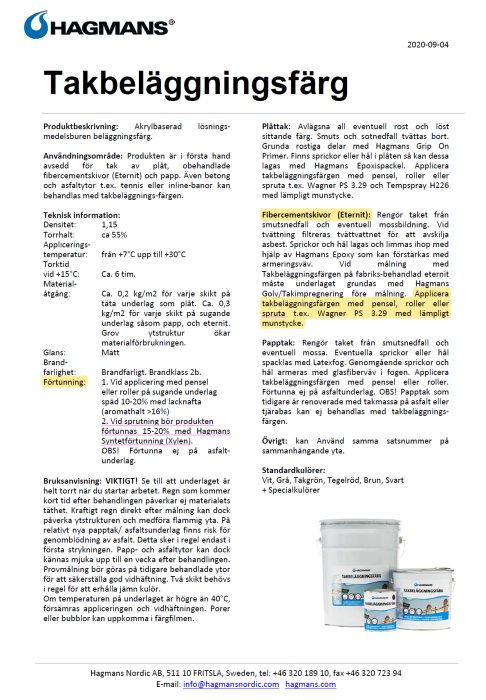 Produktblad för Hagmans Takbeläggningsfärg med instruktioner för applicering och förtunning.